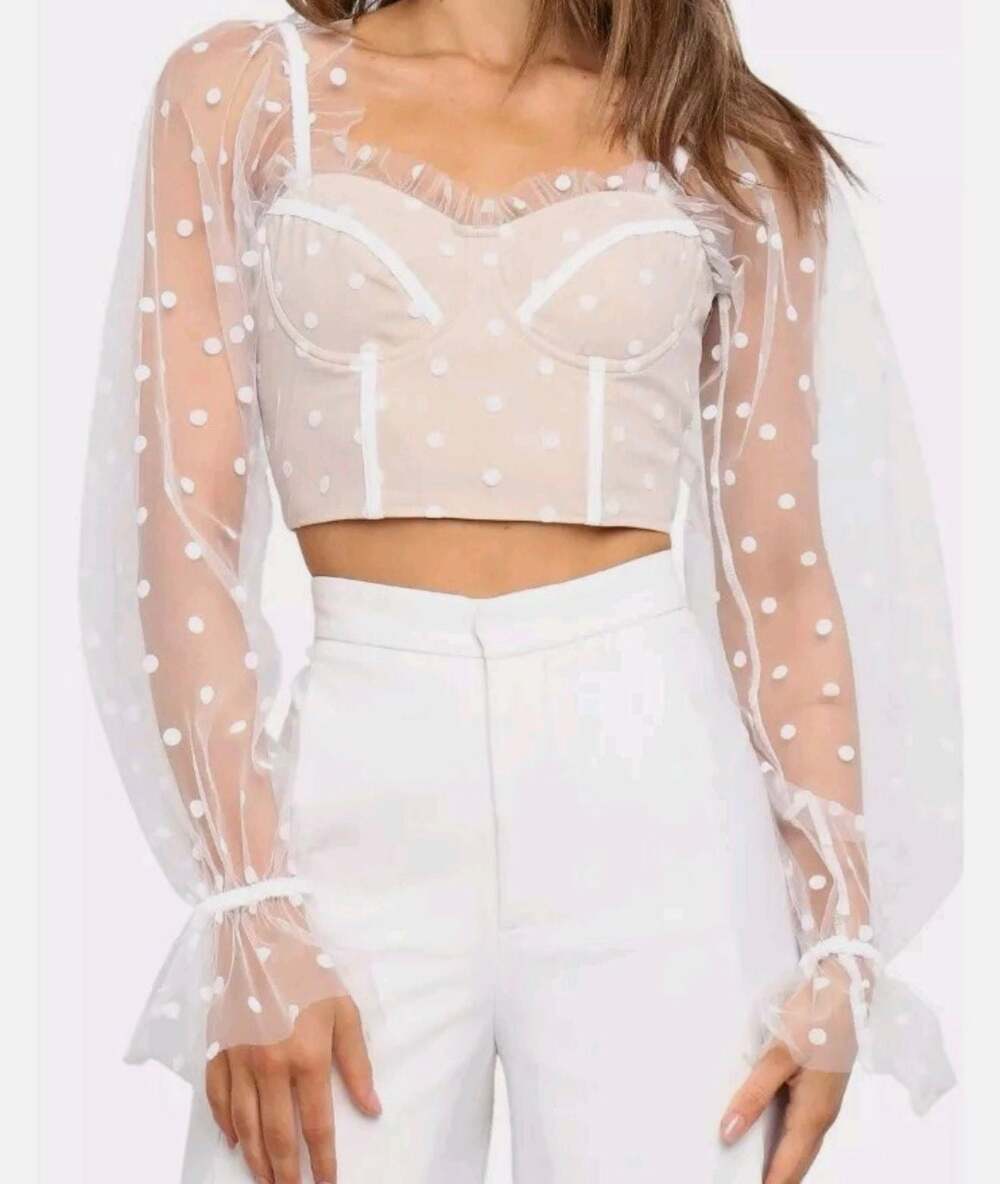 Runaway The Label Polka Dot Mesh Corset Crop Top RNWY large long sleeve